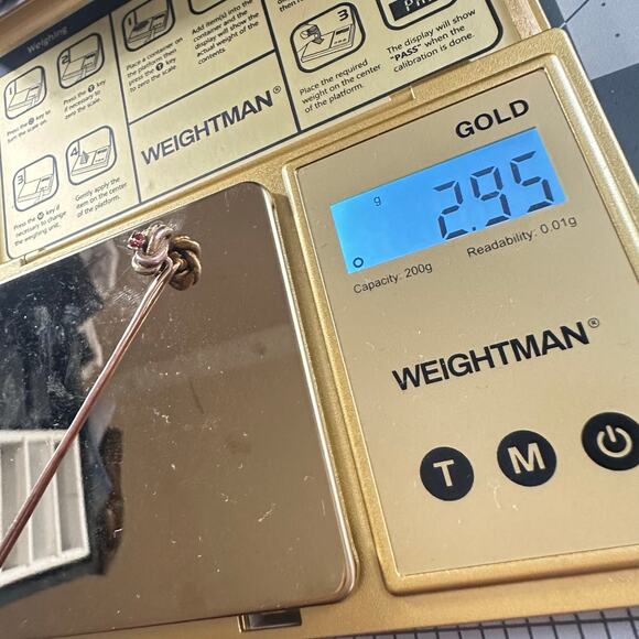 Antique Victorian solid 12kt rose yellow gold red paste knotted stick pin brooch - Picture 10 of 10